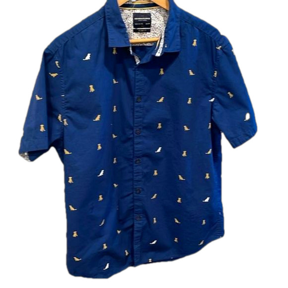 Denim & Flowers dog navy SS button shirt with contrasting cuff and buttons - Picture 1 of 9